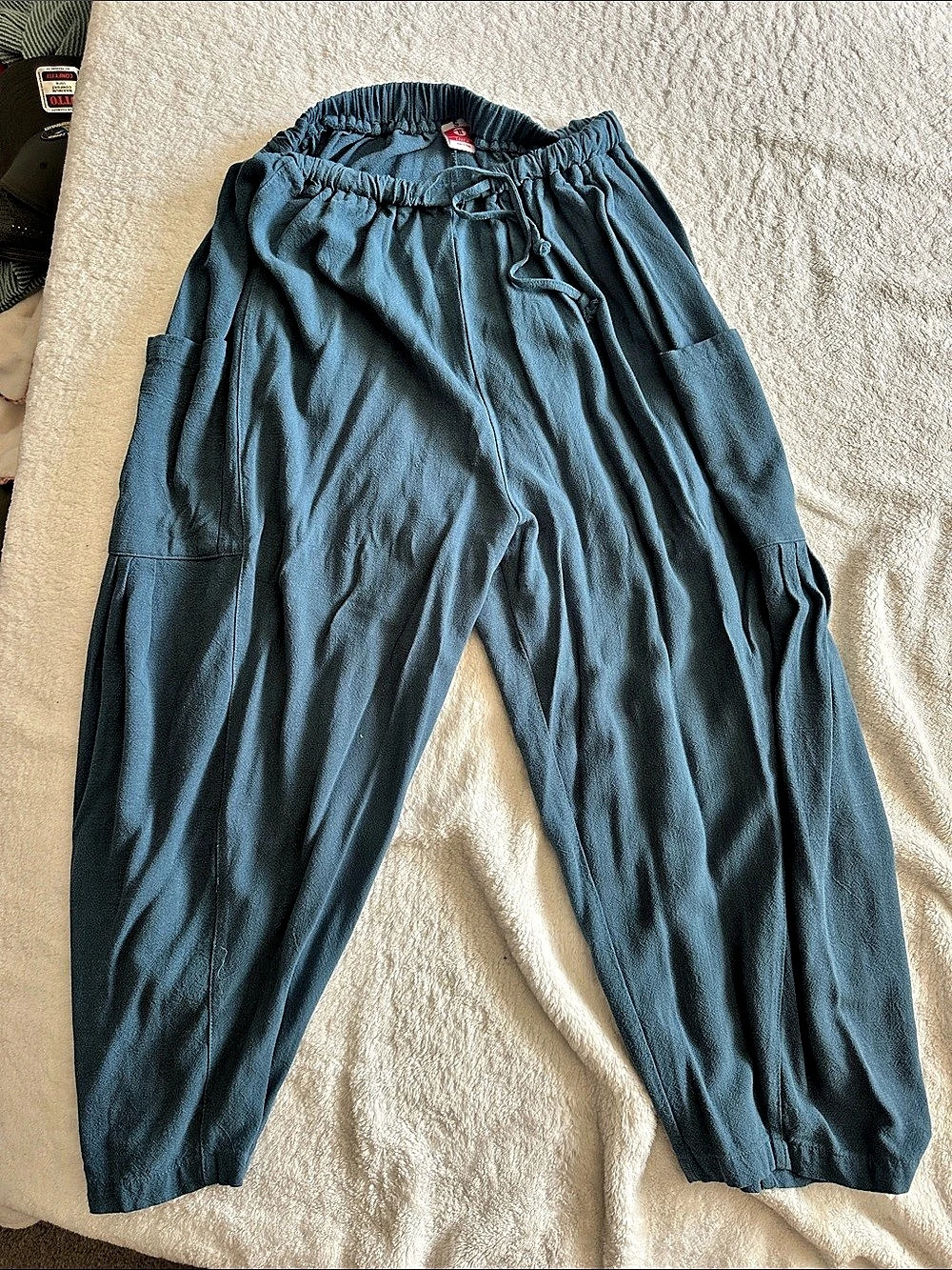 Tarse Women'Small Linen Blend Casual Harem Pants Blue Small
